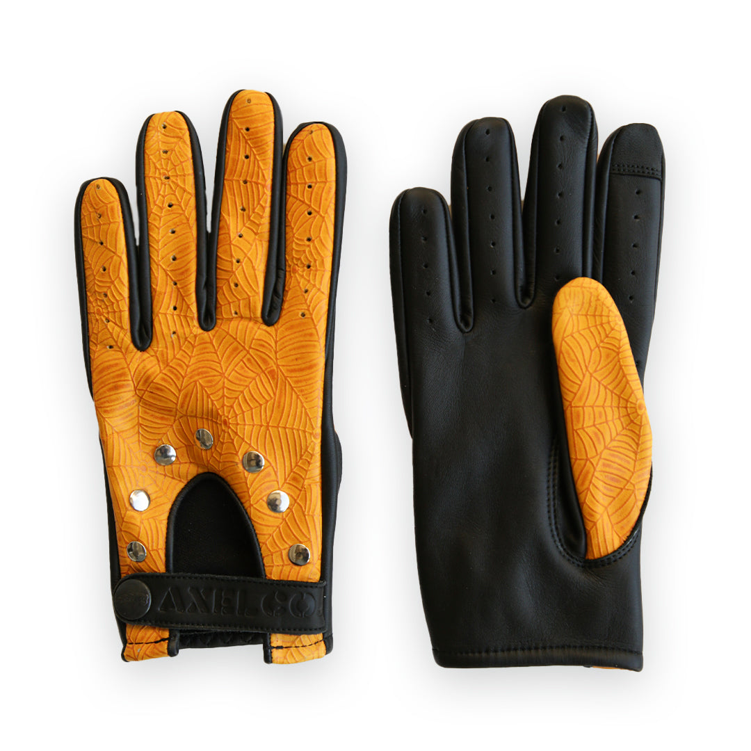 Yellow Spider Web Leather Motorcycle Gloves | Iron Horse Accessories