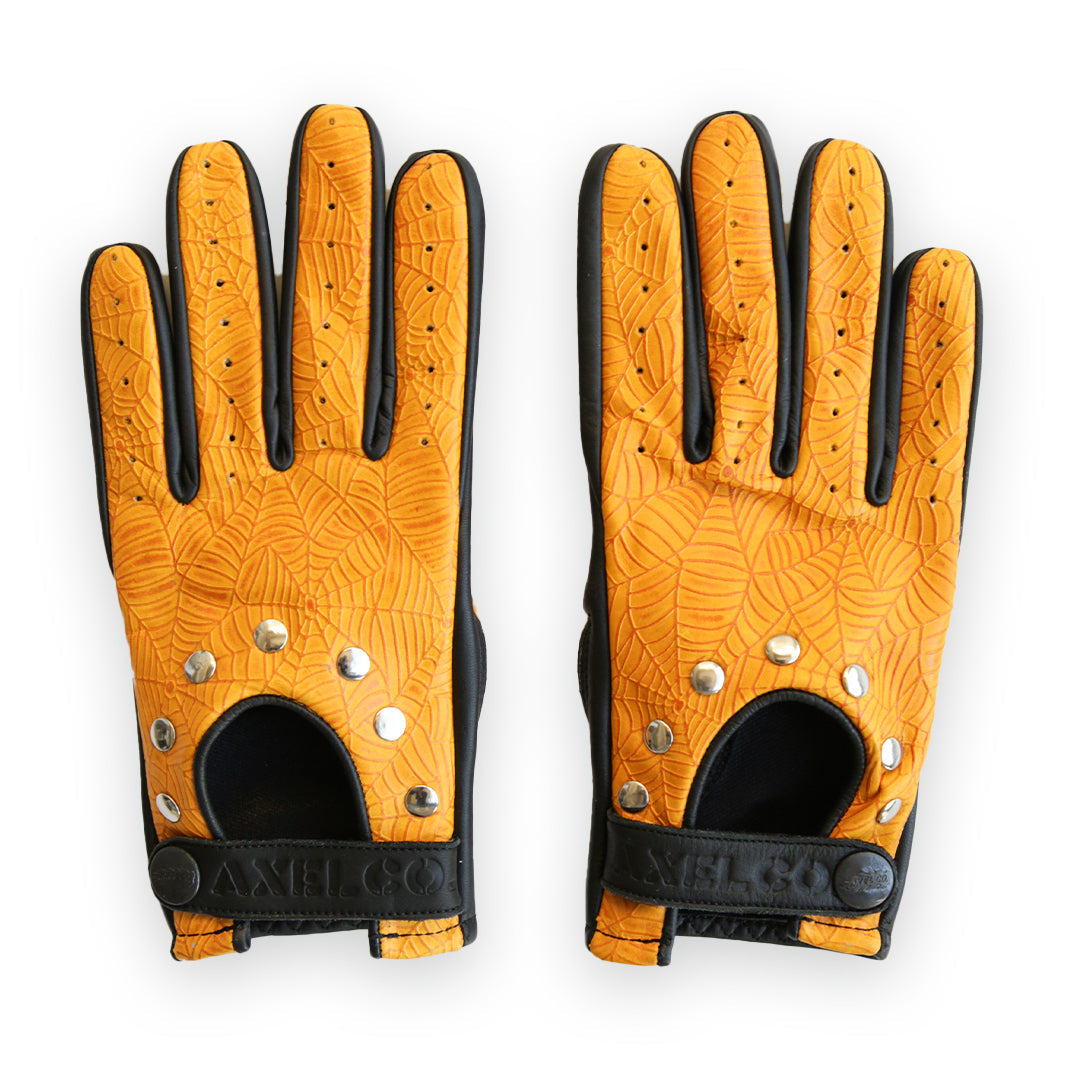 Yellow Spider Web Leather Motorcycle Gloves | Iron Horse Accessories