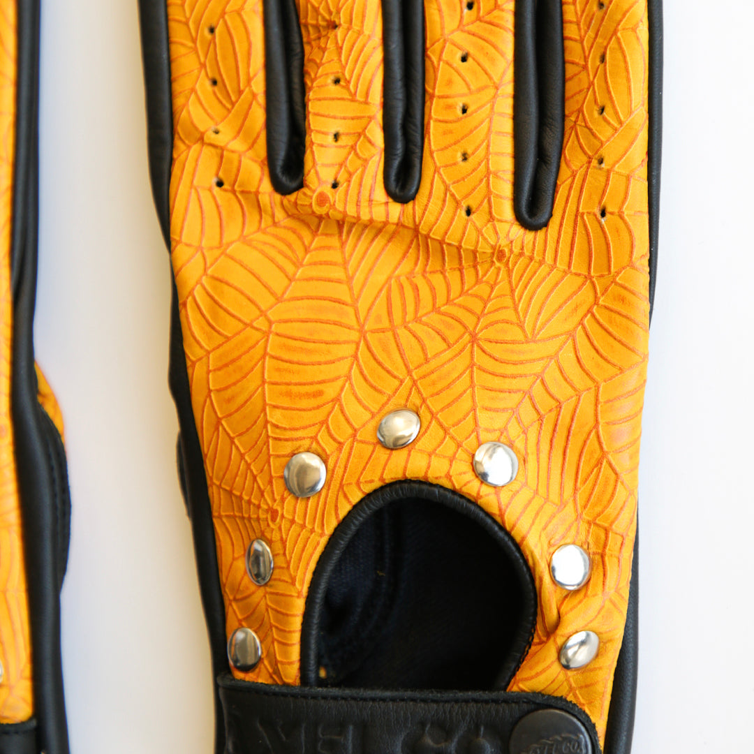 Yellow Spider Web Leather Motorcycle Gloves | Iron Horse Accessories