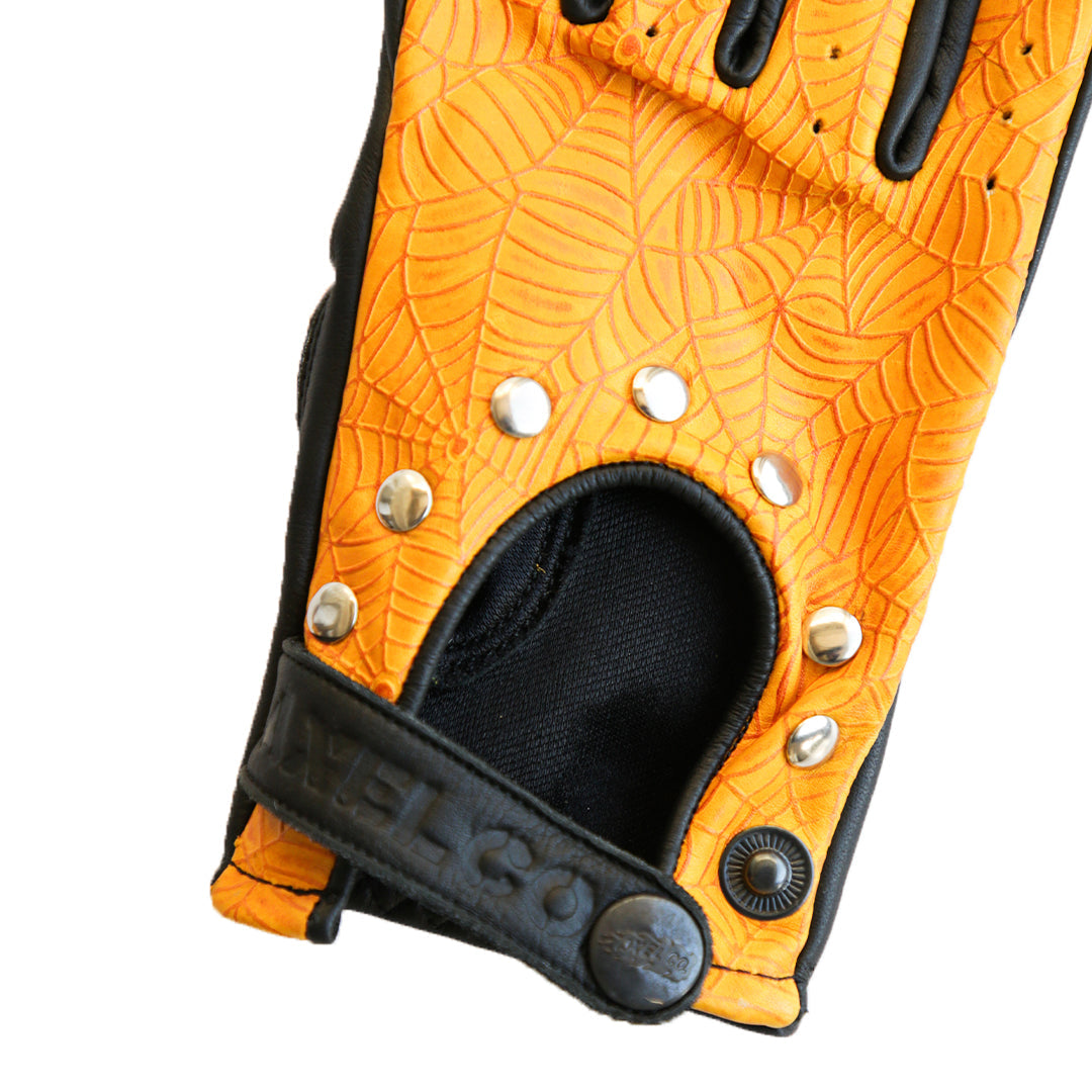 Yellow Spider Web Leather Motorcycle Gloves | Iron Horse Accessories