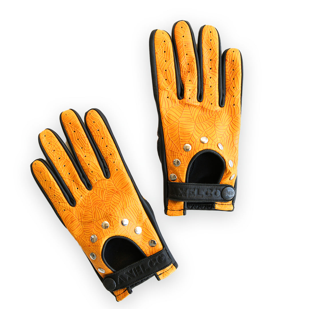 Yellow Spider Web Leather Motorcycle Gloves | Iron Horse Accessories