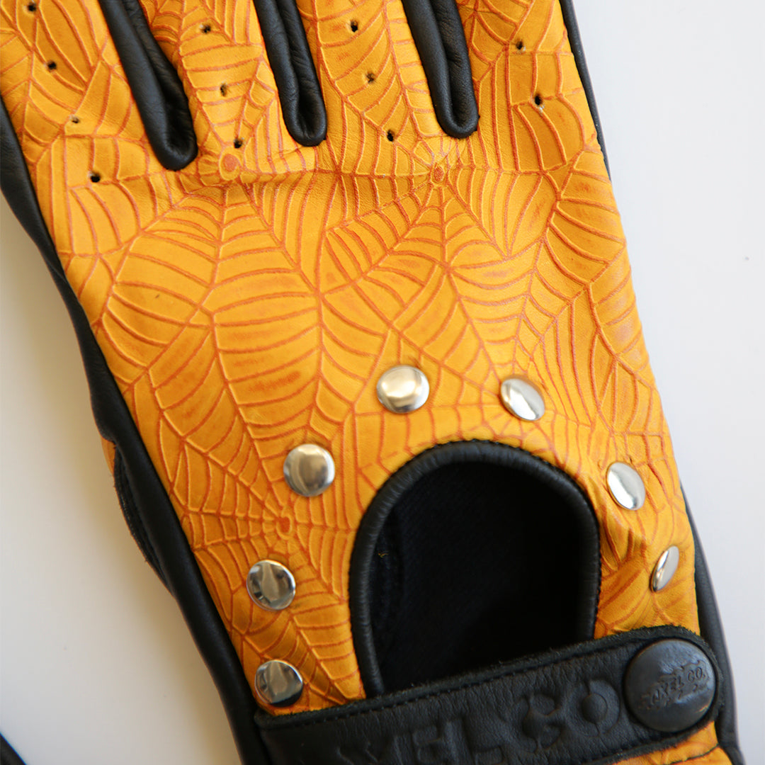 Yellow Spider Web Leather Motorcycle Gloves | Iron Horse Accessories