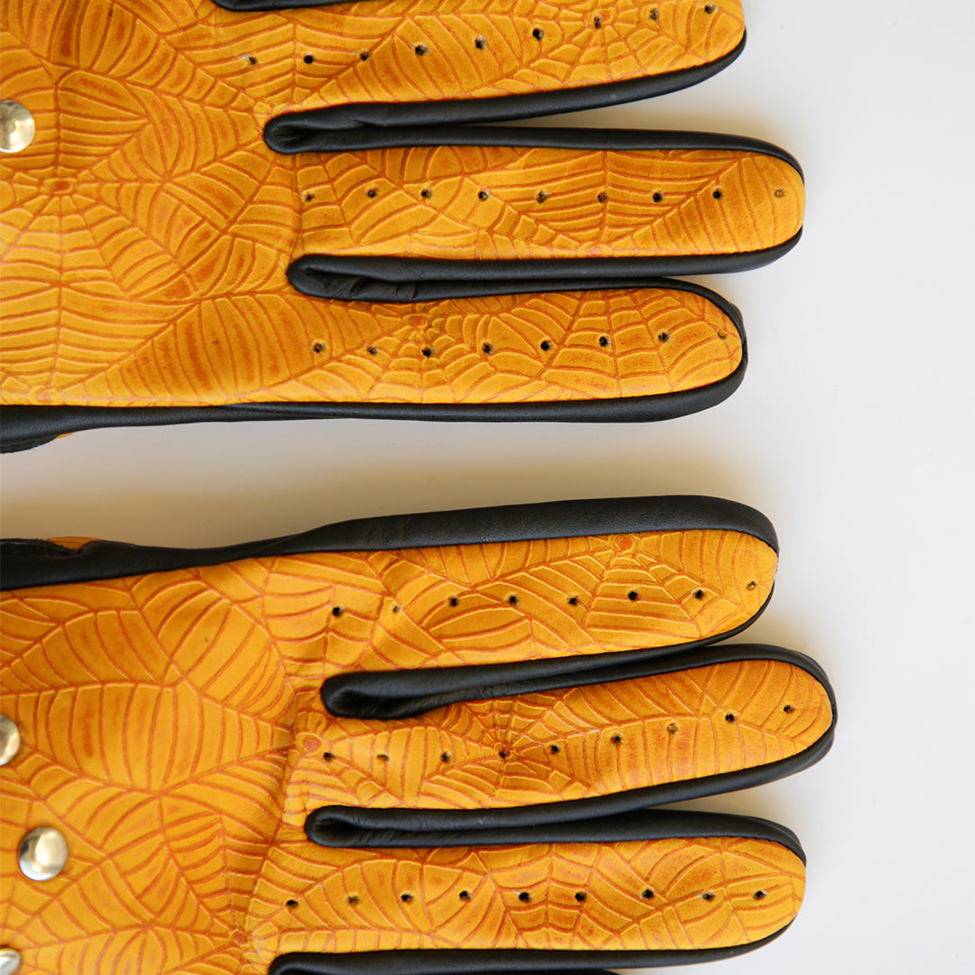 Yellow Spider Web Leather Motorcycle Gloves | Iron Horse Accessories