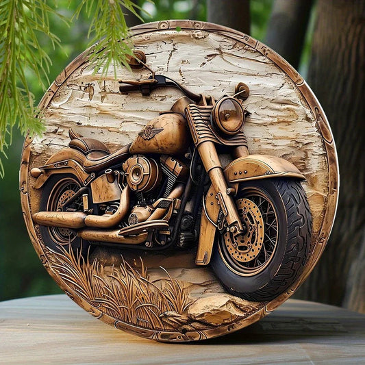 Round Faux Wooden Carved Painted Circular Wreath Sign, Entrance Decoration Gifts Motorcycle Themed Decoration - motorcycle - accessories - iron - horse - accessories