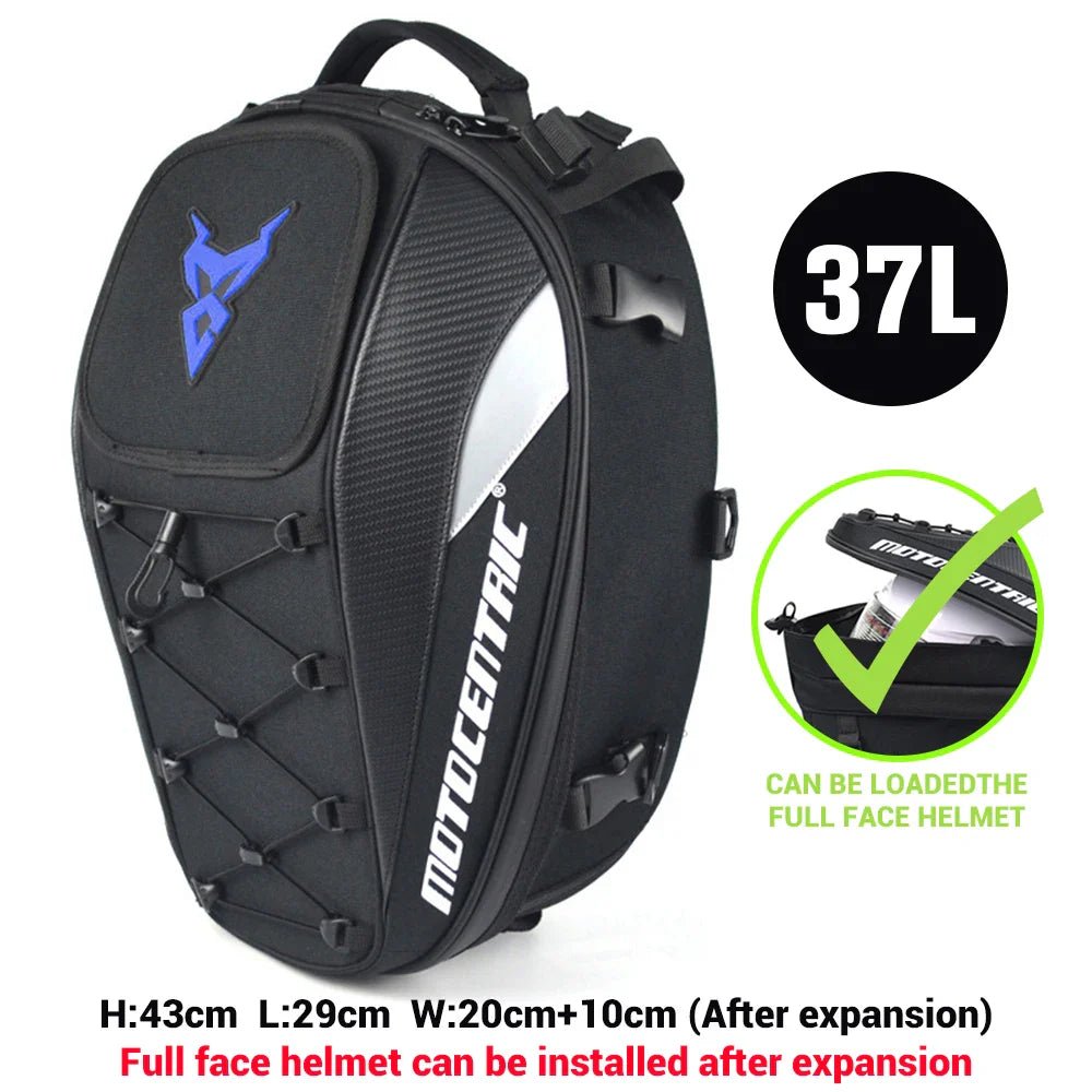 Motocentric motorcycle luggage bag for rider storage