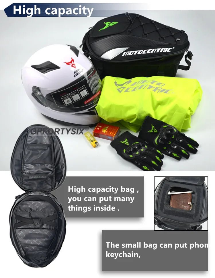 Motocentric motorcycle tail bag for rider essentials