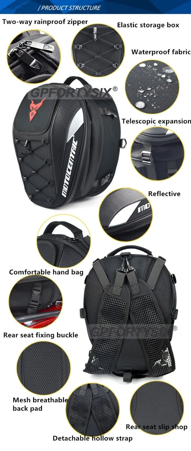 Motocentric back seat motorcycle bag with waterproof design