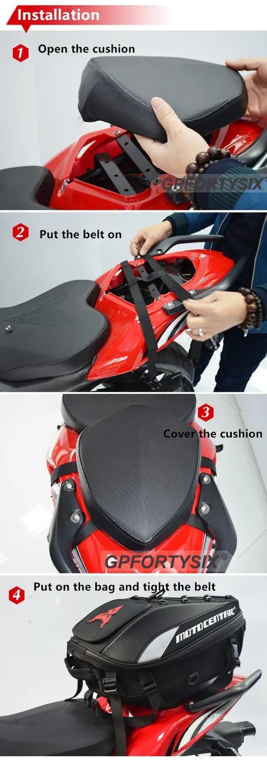 Motorcycle seat storage bag for road-ready gear