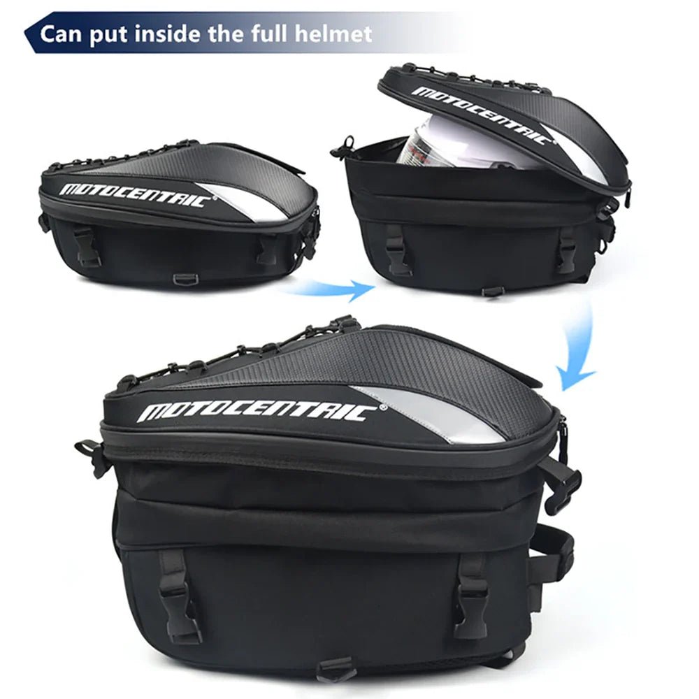 Waterproof motorcycle seat bag for rider gear storage