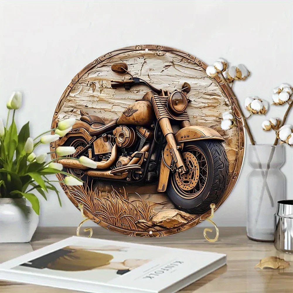Motorcycle-themed round wreath sign for entryway decor