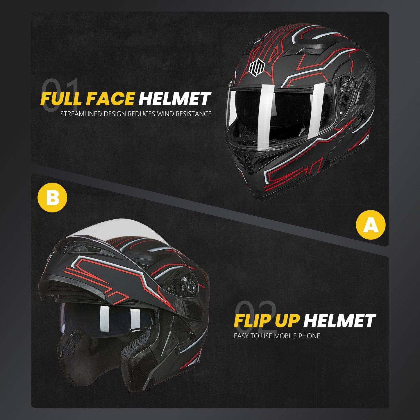 ILM Motorcycle Modular Full Face Helmet Model 902LED - motorcycle - accessories - iron - horse - accessories