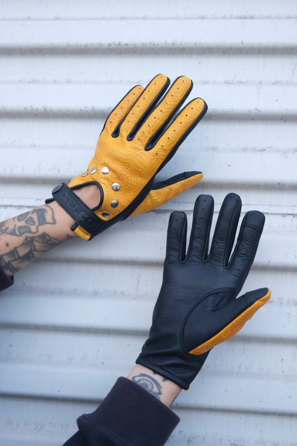Yellow Spider Web Leather Motorcycle Gloves | Iron Horse Accessories-motorcycle-accessories-iron-horse-accessories