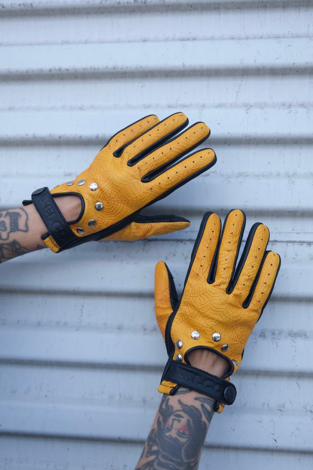 Yellow Spider Web Leather Motorcycle Gloves | Iron Horse Accessories-motorcycle-accessories-iron-horse-accessories